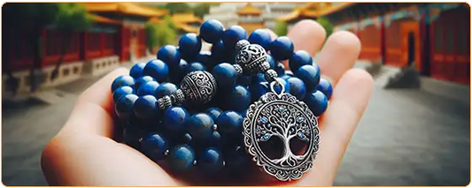 un mala de 108 perles en lapis-lazuli avec une amulette en métal argenté représentant un arbre de vie sur un fond flou représentant un temple bouddhiste kaosix