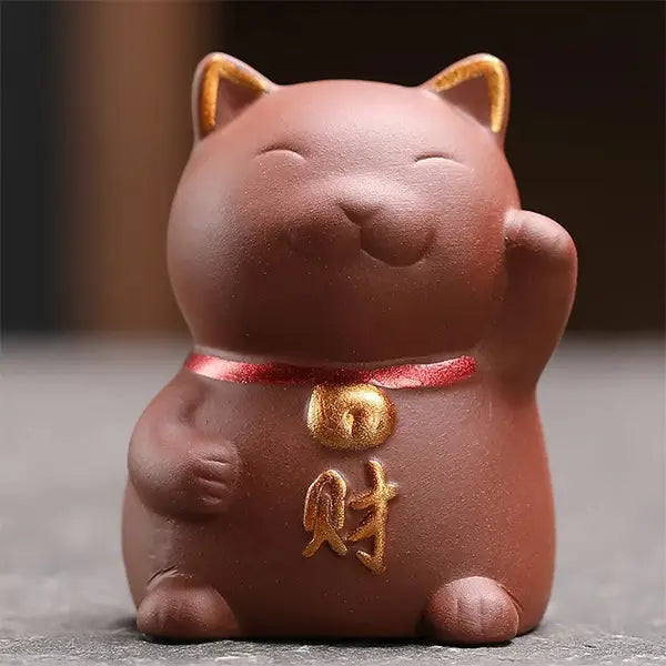 Chat Porte Bonheur Chinois en Céramique Statuette Maneki Neko marron clair kaosix