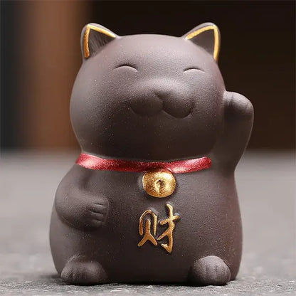 Chat Porte Bonheur Chinois en Céramique Statuette Maneki Neko marron foncé kaosix