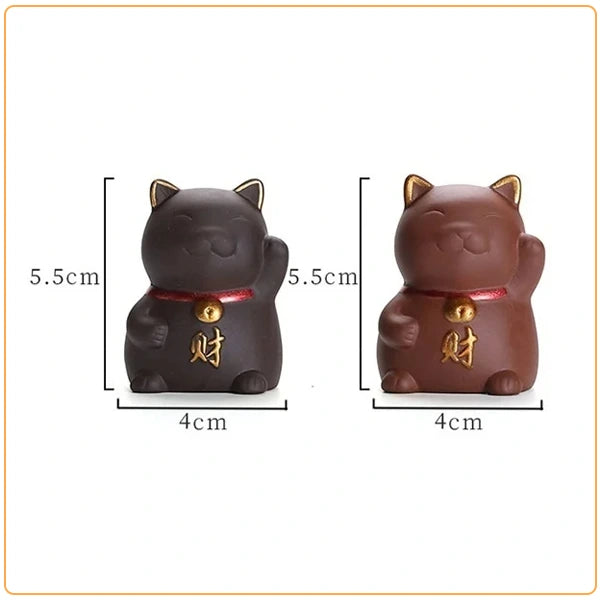 Chat Porte Bonheur Chinois en Céramique Statuette Maneki Neko marron foncé marron clair avec dimensions kaosix