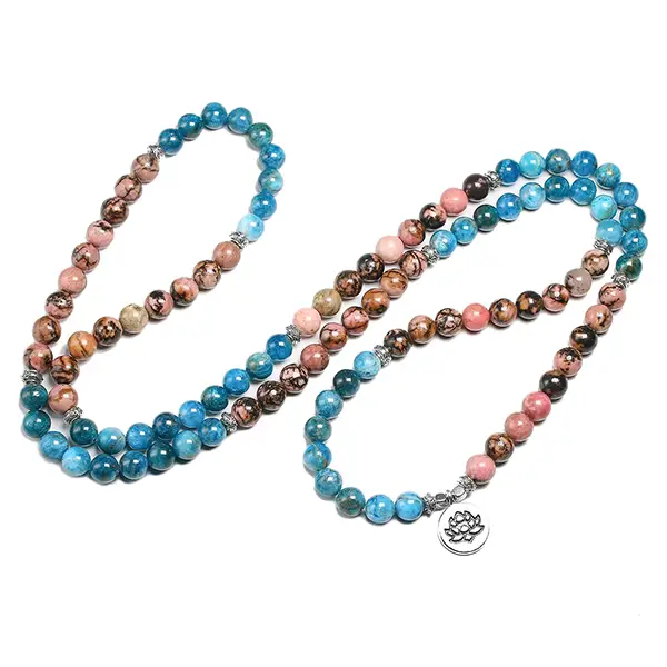 Mala 108 perles Apatite Rhodonite Fleur de Lotus deroulé kaosix