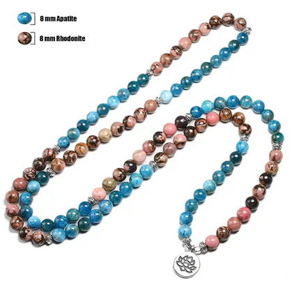 Mala 108 perles Apatite Rhodonite Fleur de Lotus fond blanc avec taille des perles kaosix