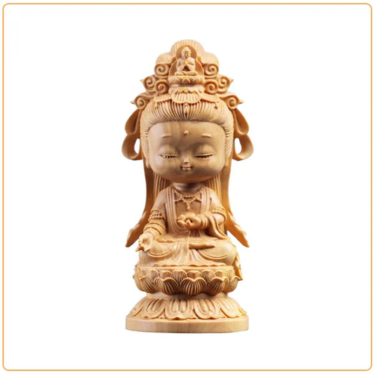 Statuette Guanyin en Bois - Déesse de la Compassion sur fond blanc kaosix